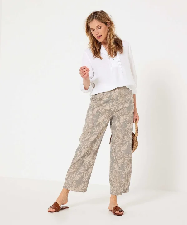 Linen Blend Cropped Pants Leaf Print Maine*Brax New