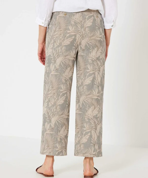 Linen Blend Cropped Pants Leaf Print Maine*Brax New