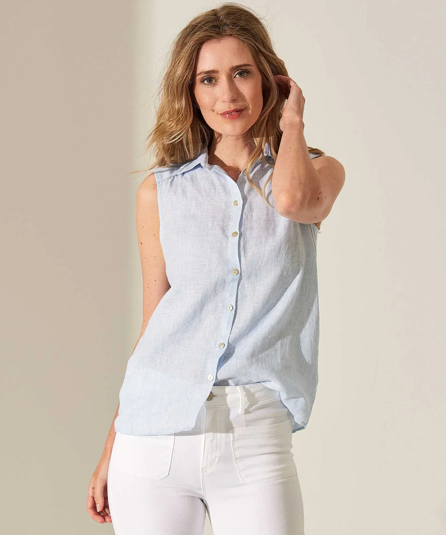 giulia_e_tu_sleeveless_bl_0.webp Sleeveless Blouse Linen Stripe*GIULIA E TU Discount