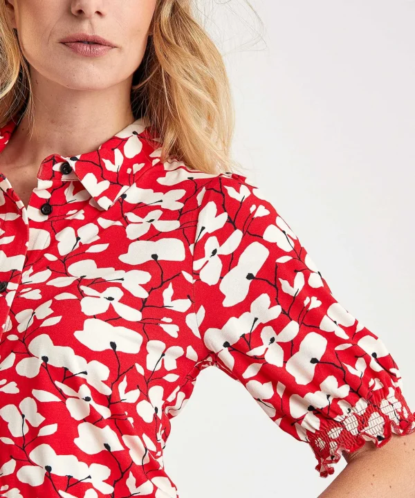 Shirt Blouse Puff Sleeve Red Flower Rosanne*KYRA Clearance